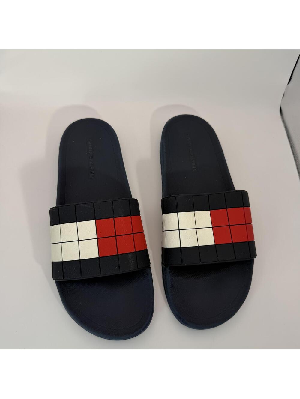 Tommy Hilfiger Men's Slide Sandals Red White Blue Block Logo Strap Size 10